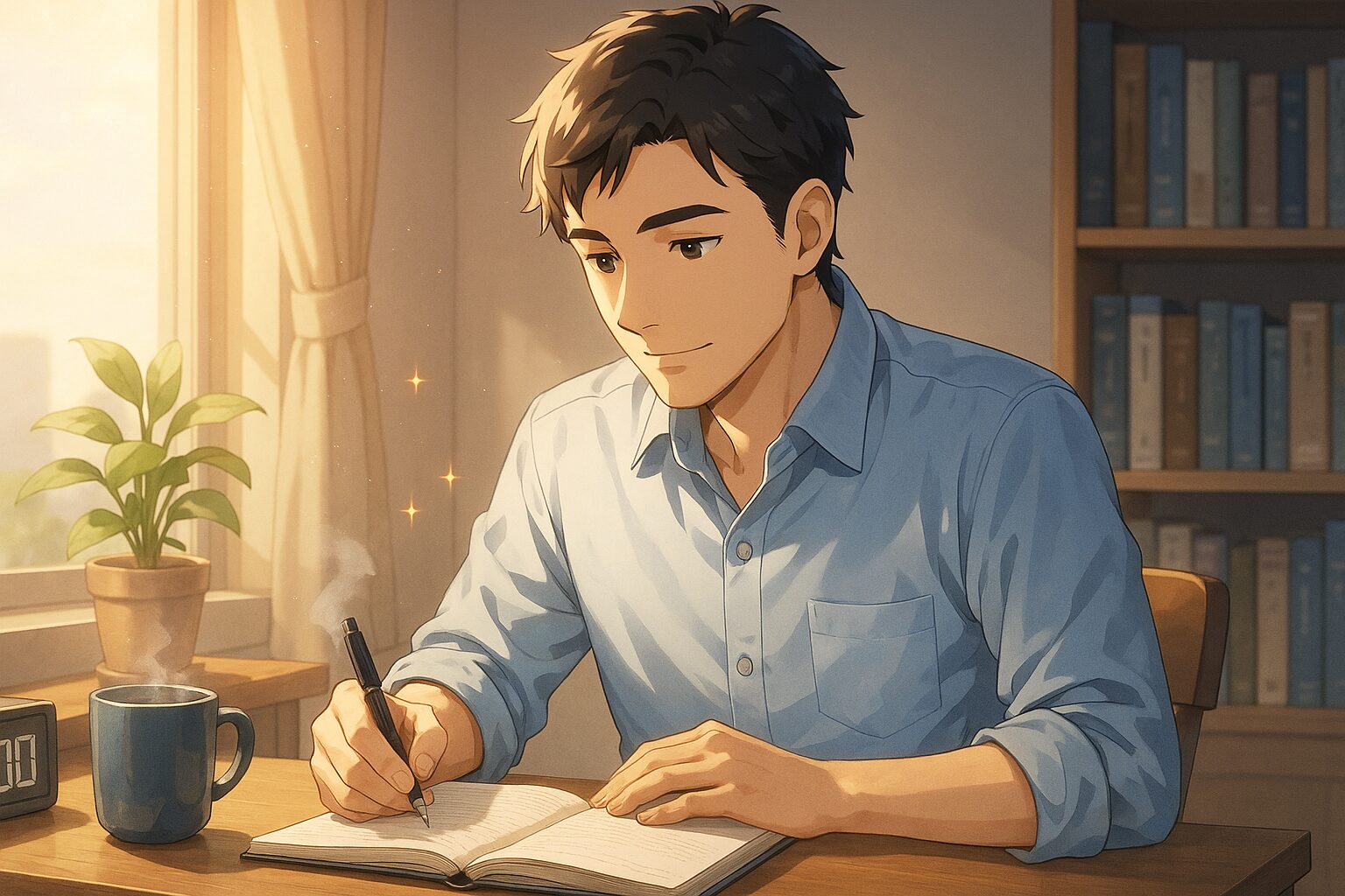 30代独身男性が部屋で新しい目標をノートに書く様子