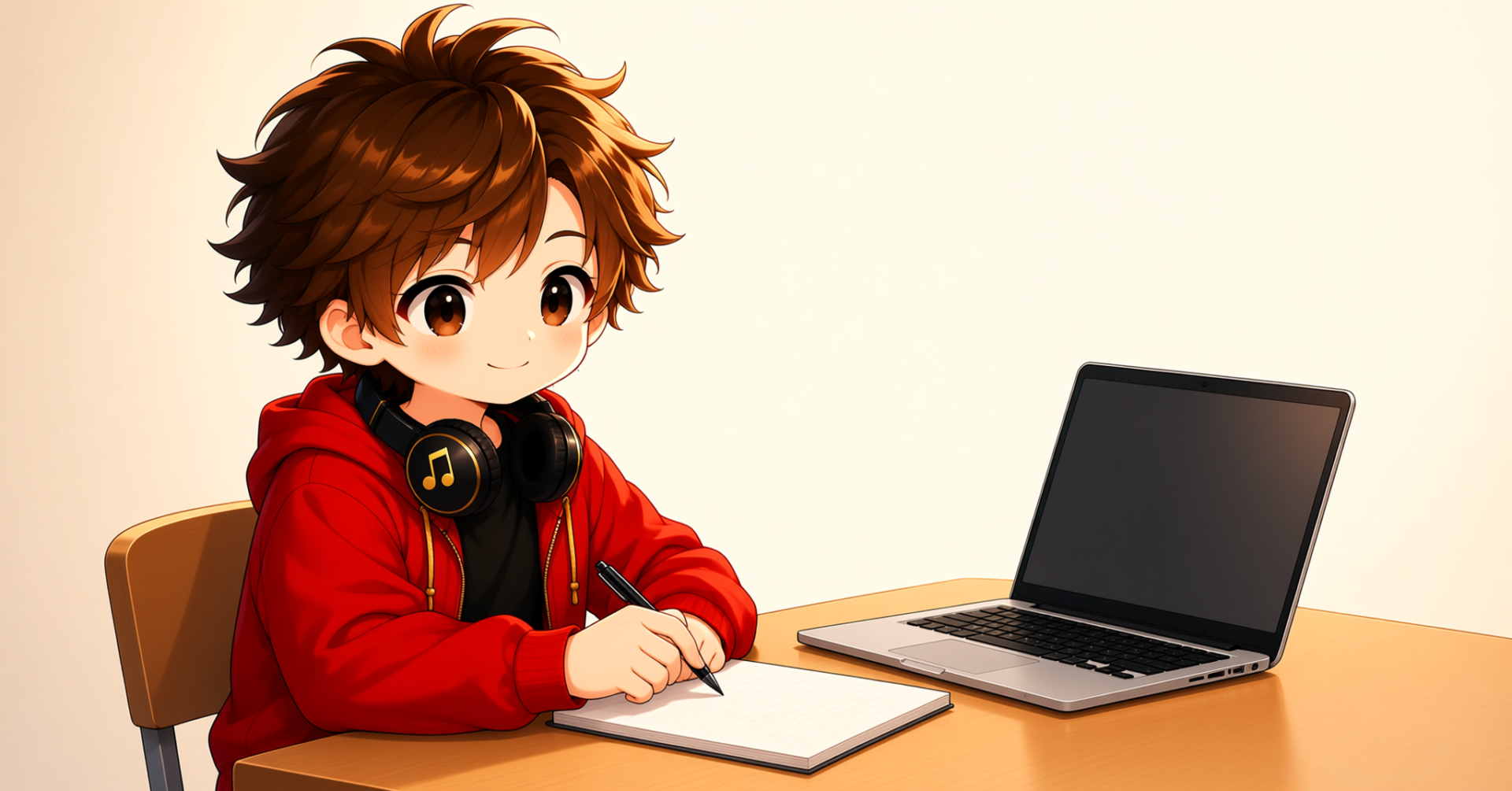 赤いパーカーのかっきが、机でノートにペンを添え、小さな一歩を考えているイラスト